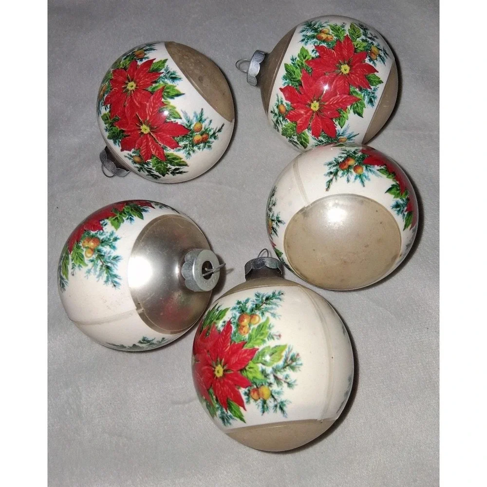 Vintage Made in USA Poinsettia Christmas Ball Ornaments Set of 5 3